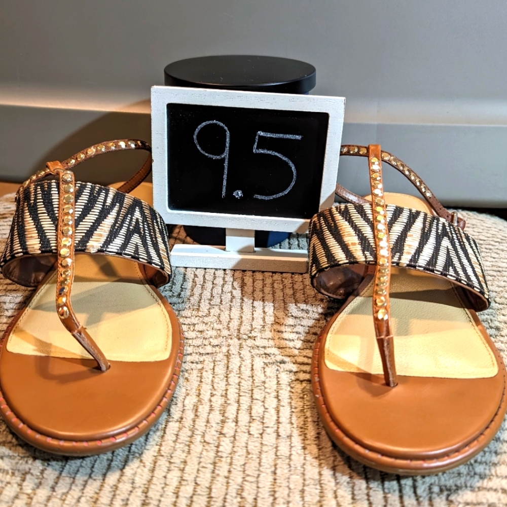 Antonio Melani 9.5 woven zebra and studded tan leather strappy ankle strap thong